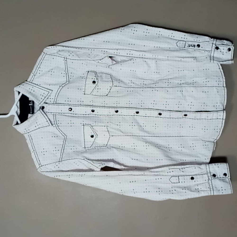 Cruel Full Snap Button Western Style Shirt w White and Teal Circle Pattern M